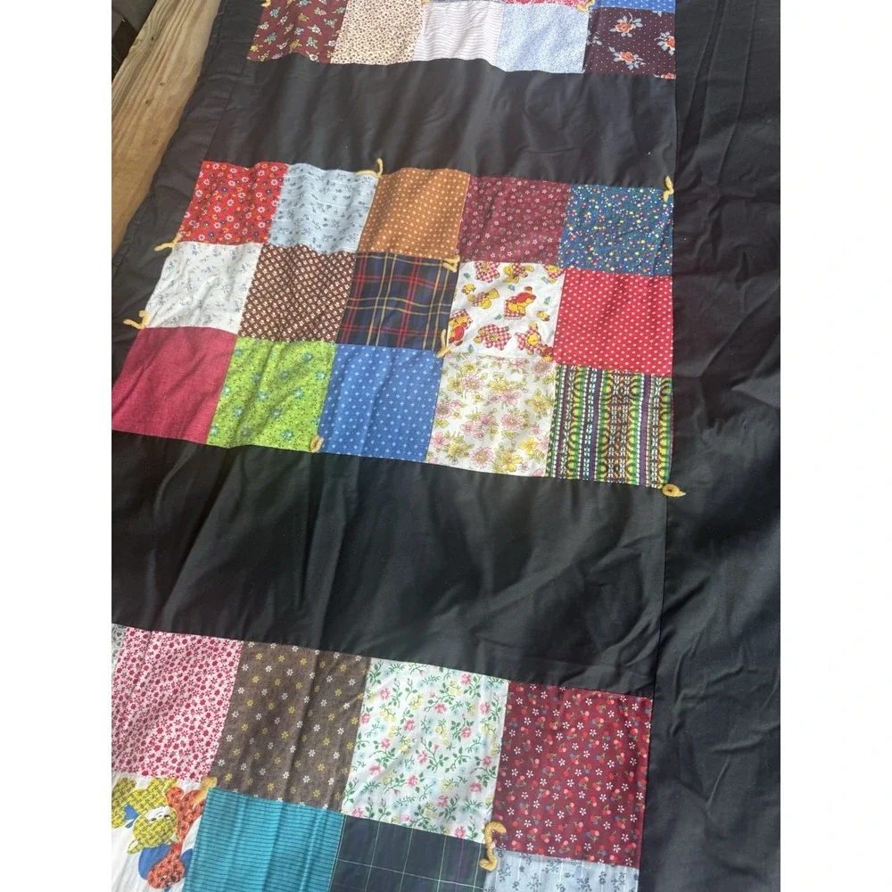 Vintage Patchwork Quilt Multicolor Patterns Squares Black Border 61x83